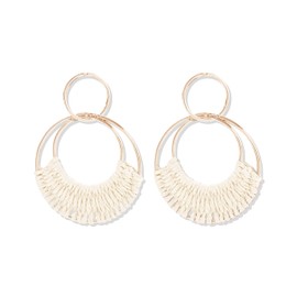 Boho Raffia Earrings for Women Summer Raffia Hoop Earrings Statement Rattan Dangle Earrings(White)