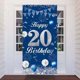 20th Birthday Banner Blue Silver, 20 Year Birthday Decoration Door Background for Boy Girl, Large Fabric 20th Birthday Party Decoration Door Banner for Table Wall Decoration, 180 x 90 cm