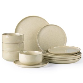 TheTerra Ceramic Dinnerware Sets for 4, 12 Pieces Handmade Reactive Glaze Plates and Bowls Set, Scratch Resistant Dish Set, Oven & Microwave & Dishwasher Safe