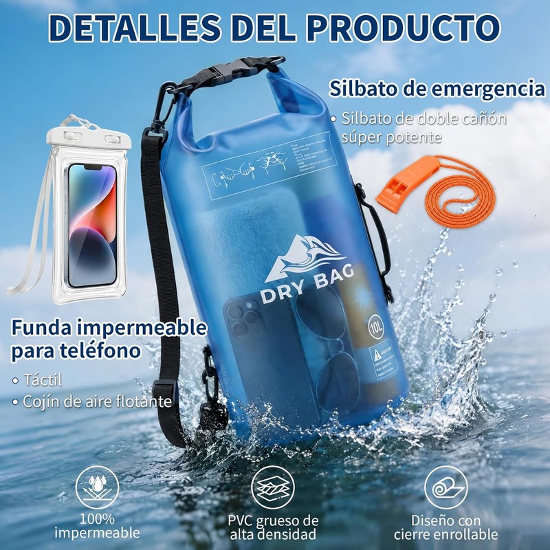 Bolsa Impermeable Seca 5L 10L，Con Funda Impermeable Para Celular，Correa Larga