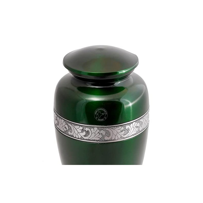 Silver Engraved Cremation Urn for Human Ashes | Green Aluminum