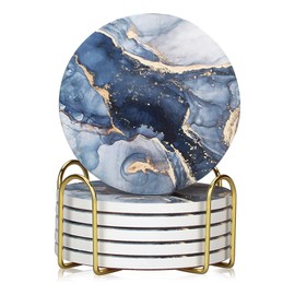 ZJNAYZF Coasters Set of 6,Coasters for Drinks,Coasters for with Holder, Marble Style Drink Coasters,Ceramic Coasters,Coasters with Cork Backing for Table Protection,Navy Blue