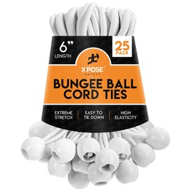 Xpose Safety Bungee Ball Cords 6" 25 Pack Heavy Duty White Stretch Rope with Ball Ties for Canopies, Tarps, Walls, Cable Organization