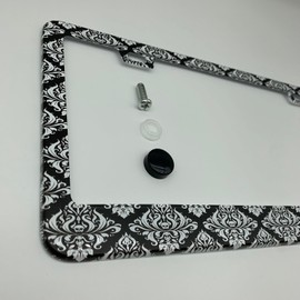 Supdanautodechere Black White Damask Skull Floral License Plate Frame, Boho/Floral Auto Car License Plate Cover Holder for US Standard, 2 Holes Matte White Powder Coated Stainless Steel