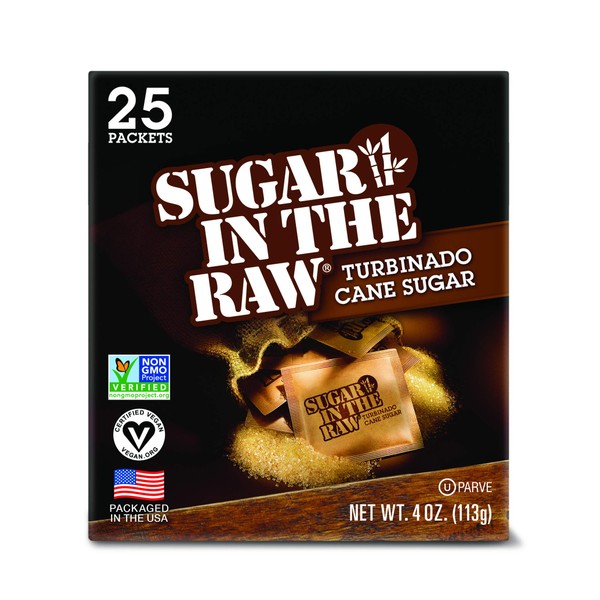 SUGAR IN THE RAW, Granulated Turbinado Cane Sugar Packets 25 Count (12 Pack)