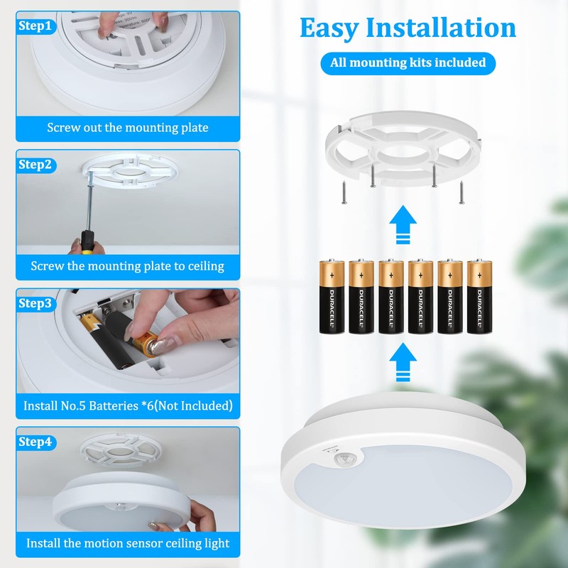 2-Pack Battery Operated Motion Sensor LED Ceiling Light, 7.2inch Flush