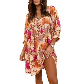 miduo Womens Casual Summer Beach Dress Short Sleeve V Neck Floral Boho Babydoll Tunic Shift Mini Dress Short Dresses Sundress XL Yellow