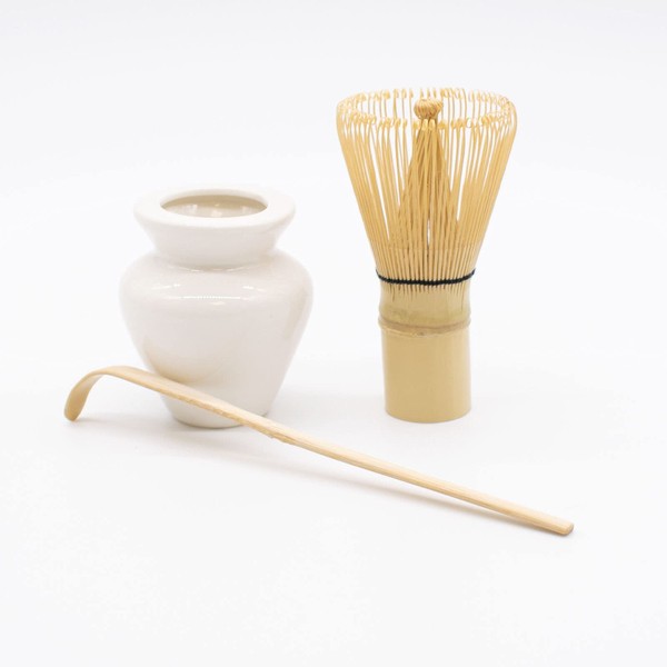 TRIXES Japanese Matcha Green Tea Whisk Set – Bamboo Whisk and Spoon/Scoop with White Ceramic Whisk Stand – Organic Frother and The Perfect Kitchen Accessory