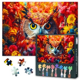 1000 Piece Jigsaw Puzzle for Adults, Owl Close-Up Art with Bold Yellow Eyes & Red Floral Details, Botanical Wildlife Wall Decor Puzzle, Challenging Bird and Flowers Design 27.5x19.7 Inch