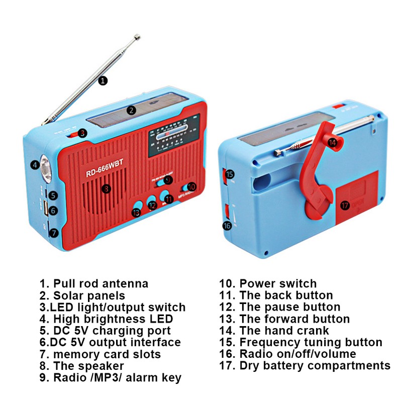 RD-666WBT Portable Solar Powered Emergency Hand Crank AM FM Radio
