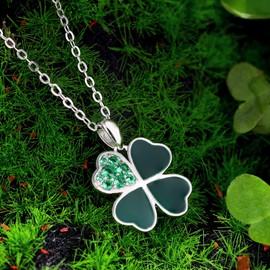 Qings Four Leaf Clover Necklace 925 Sterling Silver Heart Lucky Shining Green Leaves Pendant 16” with 4” Extender Adjustable Chain St. Patrick's Day Floral Jewelry Gift for Women Girls