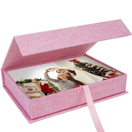 Hiwhy Photo Storage Box 10x15 cm, Linen Photo Box, Memory Box Perfect to Store Your Photo, Pictures, Certificates, Scrapbooking Supplies, Keepsakes and Jewelry Pink