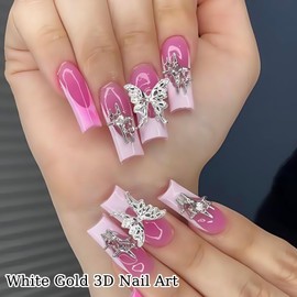 ZMUILLMN 20Pcs 3D White Gold Nail Charms Butterfly Crown Cherry Mix Nail Art and Gems for Nail Alloy Nail Charm Nail Gems Cute Charms for Nails Design（White Gold）