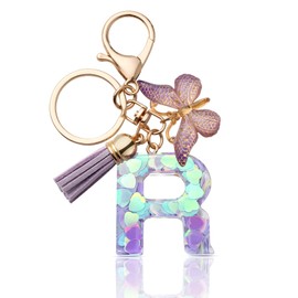 CHUQING Keyring with Letter Girl Keyring Initial Letter Gift Women Key Ring Butterfly Purple, purple-r