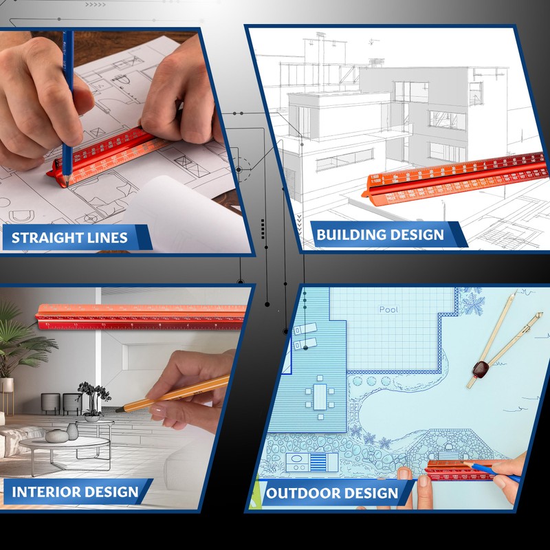 Stylo 12" Aluminum Architect Scale Ruler Laser Etched Triangle Drafting