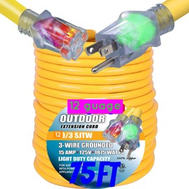 pizety 12/3 75 FT Extension Cord Indoor Outdoor Heavy Duty Electrical Cord 12 Gauge 15 Amps 1875 Watts UL Listed 75 Foot yellow12 Gauge Extension Cord 12 AWG Copper Grounded with Lighted Ends (yellow)