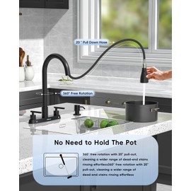 APPASO 4-Hole Kitchen Faucet with Pull Down Sprayer, 2 Handle Pull Out Faucet with Soap Dispenser Black, High Arc Stainless 3 & 4 Hole Sink Faucet for Bathroom RV Utility, Matte Black Easy Install