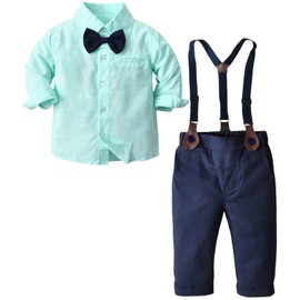 SANGTREE Baby Boy's Formal Outfit, Button Down Stripes Dress Shirt with Bow Tie + Suspender Pants Set for Toddlers Baby & Little Boys, 2 Pieces Baby Gift Clothes, Green, Tag 110 = 2-3 Years