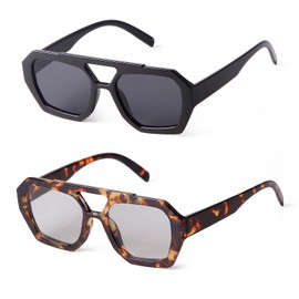 Laurinny Trendy Square Aviator Sunglasses For Women Thick Double Bridge Hexagon Sun Glasses 70s Vintage Shades, Black & Tortoise Shell