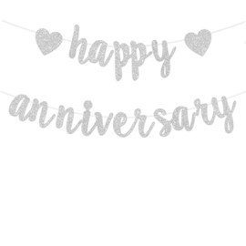 Happy Anniversary Banner Decoration Silver, Men Women Glitter Wedding Bunting Garland for Birthday Anniversary Wedding Love Party Ceremony Decoration Photo Backdrop Party Supplies