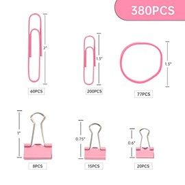 Clips Sujetadores Rosa y Clips de Papel, 380 PCS Tamaños Variados Clips Sujetapapeles Pinzas de Papel Bandas de Goma para Archivos, Papeles, Suministros para el Hogar (Rosa)