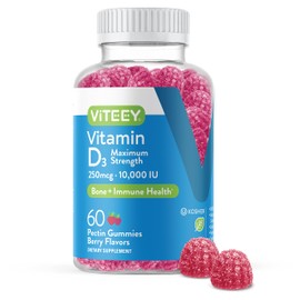 Vitamin D3 Gummies for Adults & Teens - 10,000 IU, 250mcg, Maximum Strength - Joint & Muscle Health, Immune Boost - Chewable Vitamin D Gummies - Vegetarian, Gelatin Free - Tasty Berry Flavored Gummy