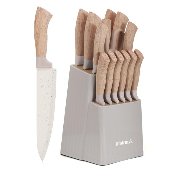 Knife Set, 15 Pcs Khaki Kitchen Knife Set, Anti-Rust Non