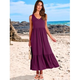 ANRABESS Womens Summer Maxi Dresses Fit & Flare Flowy V Neck Sleeveless Swing Casual Tiered Beach Sundress with Pockets Dark Purple Large