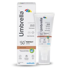 Umbrella Perfect Skin tono oscuro | base fluida con Foto protector solar facial SPF 50+ | corrector de imperfecciones de la piel | todo tipo de piel (Normal-seca, Mixta-grasa) | color EFECTO MATE | water Resitand | UVA/UVB, IR-A; UV-HEV | tubo con 50gr.