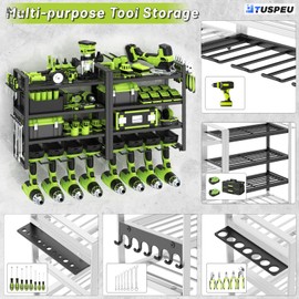 TUSPEU Power Tool Organizer Wall Mount,4 Layers Capacity Heavy Duty Metal Storage Rack with 8 Drill Holders for Drills Cordless Tools,Garage Organizer Suitable Workshop Basement