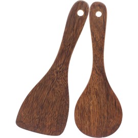 2Pcs Wooden Rice Paddle, Non-Stick Rice Spoons Scooper Rice Serving Spoon Kitchen Cooking Spoons Utensils (Dark Brown, One Size)