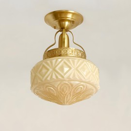 Bofea-Gold Semi Flush Mount Ceiling Light,Brass Vintage Flush Mounted Ceiling Lighting with Milk Yellow Glass Shade, Mid-Century Style Ceiling Light Fixture for Hallway Foyer Loft Bedroom.