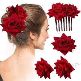4 Pinzas Para el Cabello con Rosas,Accesorios Florales Mexicanos, Broche de Rosa,Diadema,Pinza para el Cabello de Novia,Peine,Ideal para Fiestas,Bodas y Bailarinas de Flamenco