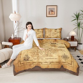 Castle Fairy Nautical Map Bedding Set King Size,Pirate Boat Compass Comforter Set 3Pcs,Kids Boys Teens Adult Bedroom Decor Ocean Adventure Quilt Set Vintage Brown Duvet Insert with 2 Pillowcases