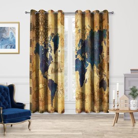 Jekeno World Map Blackout Curtains, Rustic Vintage Nautical Fabric Decor, Farmhouse Old Fantastic Sea Monster Theme Grommet Window Drapes for Bedroom Living Room, 42 Wide 84 Long Inches 2 Panels
