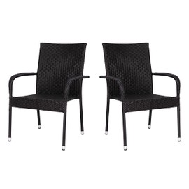 Taylor & Logan Maxim Set of 2 Stackable Indoor/Outdoor Wicker Dining Chairs with Arms - Fade & Weather-Resistant Steel Frames - Black