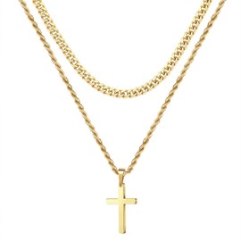 Ursteel Gold Cross Necklace for Men, Mens Cross Necklaces Stainless Steel Cross Necklace for Men Women Layered Rope Chain Cross Chain for Men 22-24 Inch Mens Gifts for Father friend