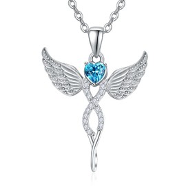 TANGPOET Guardian Angel Necklaces for Women Sterling Silver Angel Wings Pendant December Blue Topaz Birthstone Jewelry Birthday Christmas Gifts for Her with 18"+2" Chain