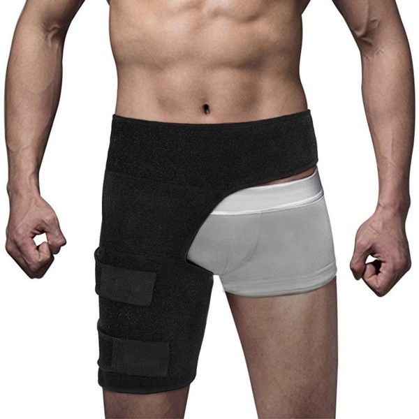 Hip Brace and Groin Support, Adjustable Neoprene Compression Wrap for Pulled Groin Thigh Hamstring Quad Pain Relief, Recovery for Hip Joint Injury, Sciatic Nerve and Hernia, Fits Men and Women（Black）