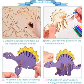 SOSINYA 39Dinosaur 3D Craft Set DIY Kit Dinosaur Puzzle Wood Painting Craft Dino Wooden Craft Sets Children's Toy Painting Craft Boys Girls Children's Birthday Creative Play (A)