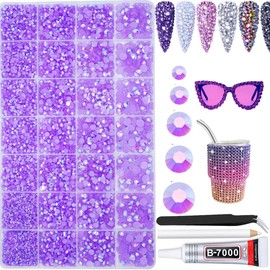22000pcs Resin Flatback Rhinestones for Crafting, Jelly Purple AB 2mm 3mm 4mm 5mm 6mm Mixed Roud Beads, Non-Hotfix SS8 SS10 SS16 SS20 SS30 Gems with 15ml Glue for DIY Crafting, Nails Decoration