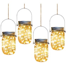 Aikeve Solar Mason Jar Lights,4 Pack 30 Led Starry Fairy String Hanging Jar Lights,Solar Lanterns for Outdoor Patio Party Garden Wedding Christmas Decorations Lights(Mason Jars/Handles Included)