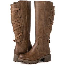 GLOBALWIN Women's Strappy Motorcycle Knee High Boots, Wide Calf Riding Boots Back Lace Up Fall Winter Fashion Knee High Boots For Women Brown 8M