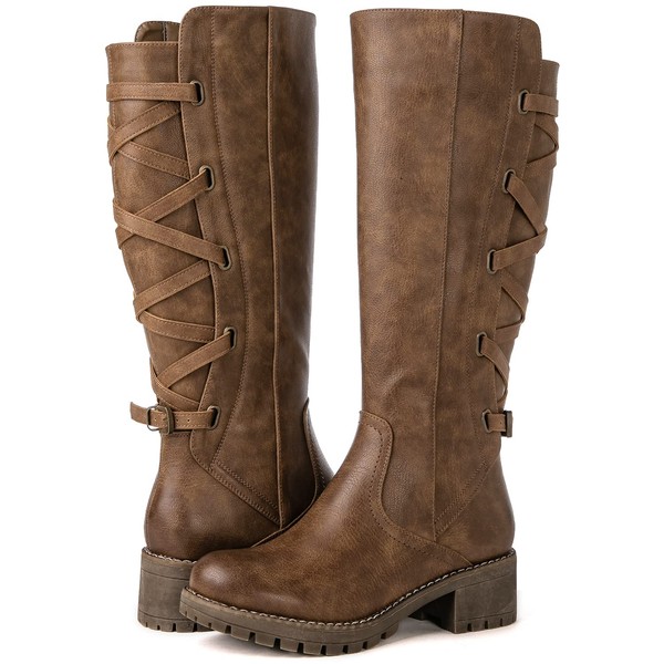 GLOBALWIN Women's Strappy Motorcycle Knee High Boots, Wide Calf Riding