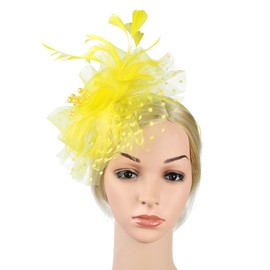 QDC Fascinators for Women Tea Party Headband Hats Cocktail Flower Mesh Feathers Headwear Hair Clip for Wedding Yellow