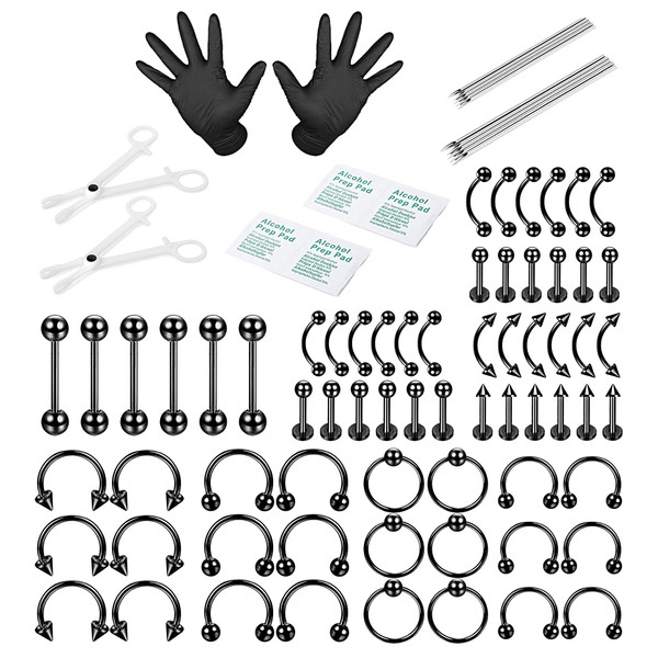 ORAZIO 84PCS Professional Piercing Kit Stainless Steel 14G 16G Belly Tongue Tragus Nipple Lip Nose Ring Body Jewelry (B:1SET Black)