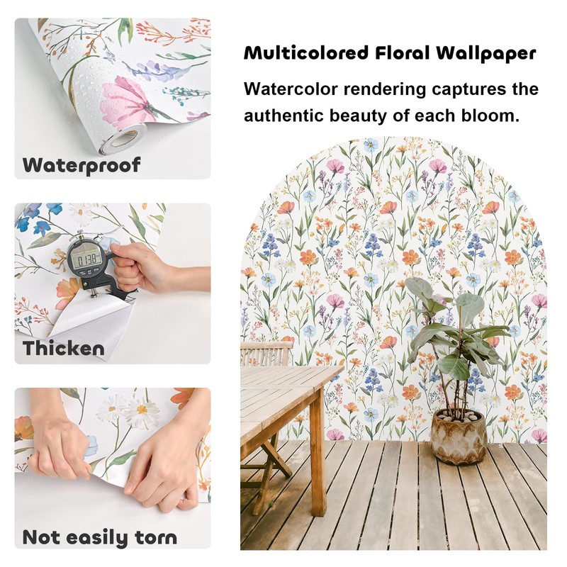 Sevalo Floral Peel and Stick Wallpaper Wildflower Boho Nursery17.3”×78.7”