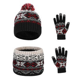 Waylipun Children's Winter Hat Scarf Gloves Set, 3-in-1 Warm Winter Knitted Hat Children's Hat Set with Plush Lining for 2-7 Years Children Boys Girls, black