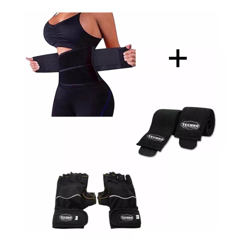 Techno Faja Tres Velcros + Vendas Rodillas + Guantes Gym