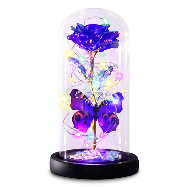 Greenke Mothers Day Rose Gifts for Mom, Galaxy Purple Butterfly Rose in Glass Dome, Light Up Forever Rose Birthday Gifts for Women Mom Grandma, Eternal Rose Gift for Her Valentines Mothers Anniversary